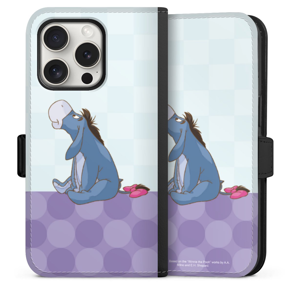 iPhone 15 Pro Handy Klapphülle Handyhülle aus Kunst Leder schwarz Flip Case Disney Donkey Winnie The Pooh Sideflip mit Lasche