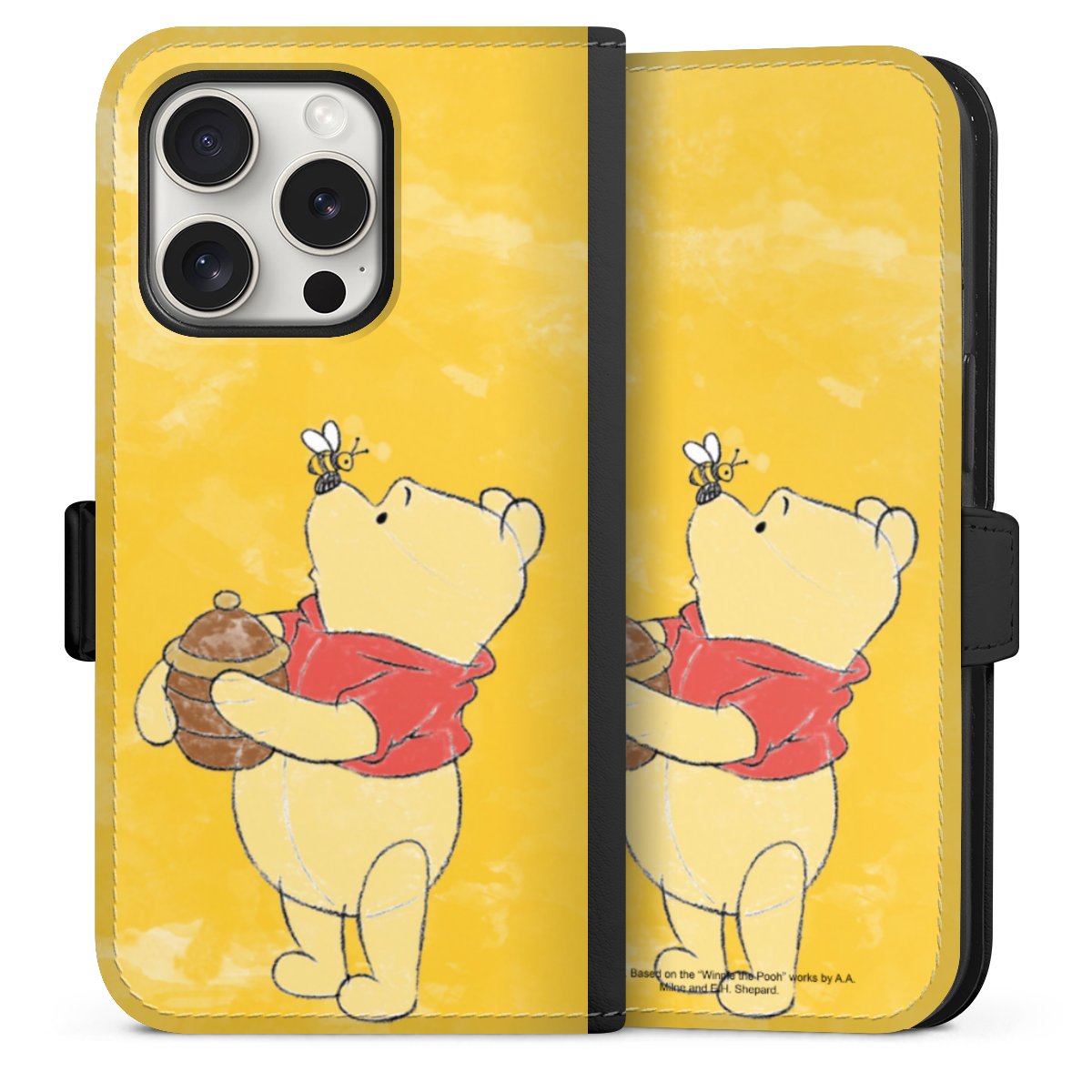 iPhone 15 Pro Handy Klapphülle Handyhülle aus Kunst Leder schwarz Flip Case Official Licensed Product Winnie The Pooh Disney Sideflip mit Lasche