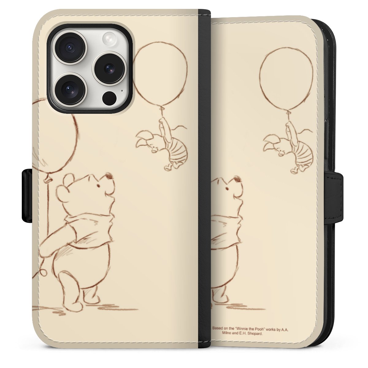 iPhone 15 Pro Handy Klapphülle Handyhülle aus Kunst Leder schwarz Flip Case Official Licensed Product Winnie The Pooh Disney Sideflip mit Lasche