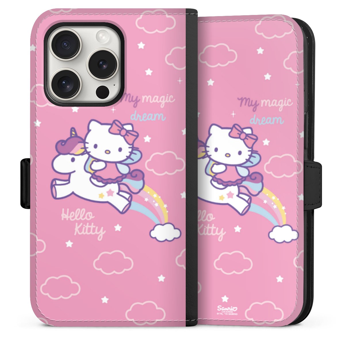 iPhone 15 Pro Handy Klapphülle Handyhülle aus Kunst Leder schwarz Flip Case Einhorn Official Licensed Product Hello Kitty Sideflip mit Lasche