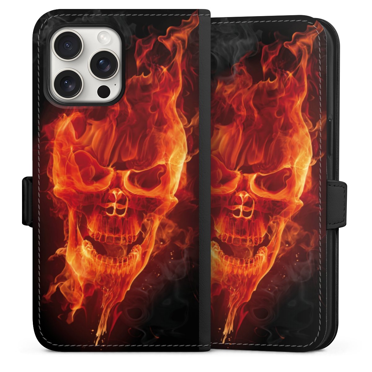 iPhone 15 Pro Max Handy Klapphülle Handyhülle aus Kunst Leder schwarz Flip Case Totenkopf Skull Fire Sideflip mit Lasche