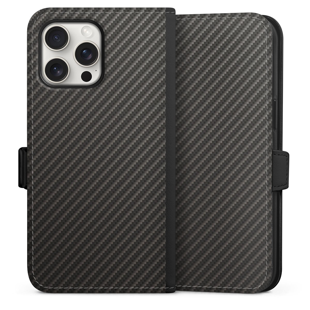 iPhone 15 Pro Max Handy Klapphülle Handyhülle aus Kunst Leder schwarz Flip Case Metallic Look Carbon Muster Sideflip mit Lasche