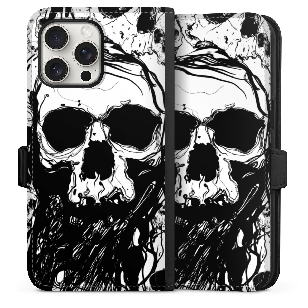 iPhone 15 Pro Max Handy Klapphülle Handyhülle aus Kunst Leder schwarz Flip Case Totenkopf Halloween Sideflip mit Lasche