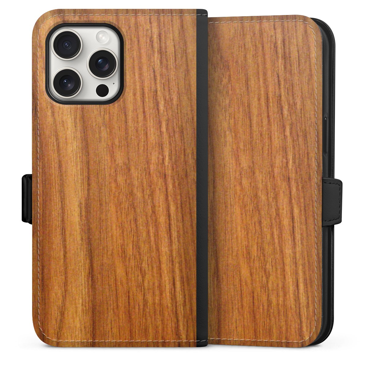 iPhone 15 Pro Max Handy Klapphülle Handyhülle aus Kunst Leder schwarz Flip Case Wood Larch Wooden Look Sideflip mit Lasche