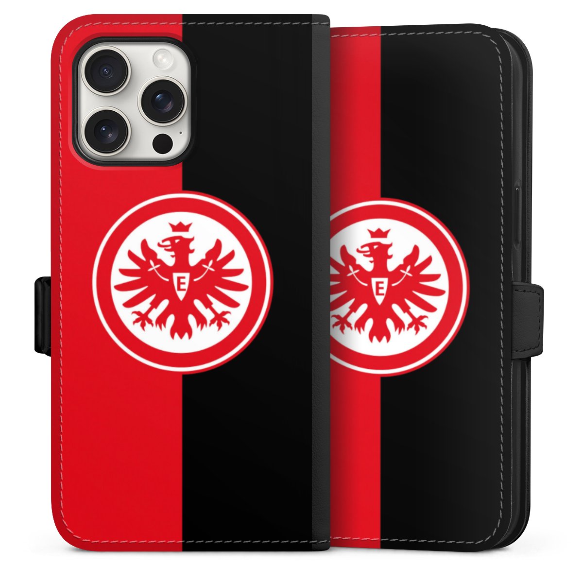 iPhone 15 Pro Max Handy Klapphülle Handyhülle aus Kunst Leder schwarz Flip Case Official Licensed Product Eintracht Frankfurt Sge Sideflip mit Lasche