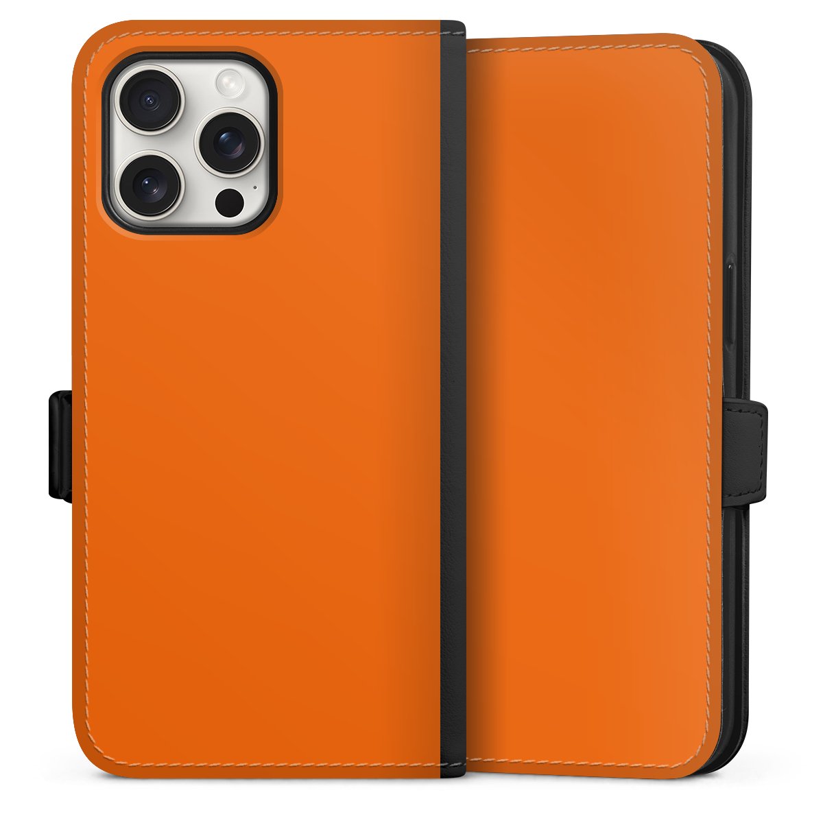 iPhone 15 Pro Max Handy Klapphülle Handyhülle aus Kunst Leder schwarz Flip Case Orange Colour Unicoloured Sideflip mit Lasche