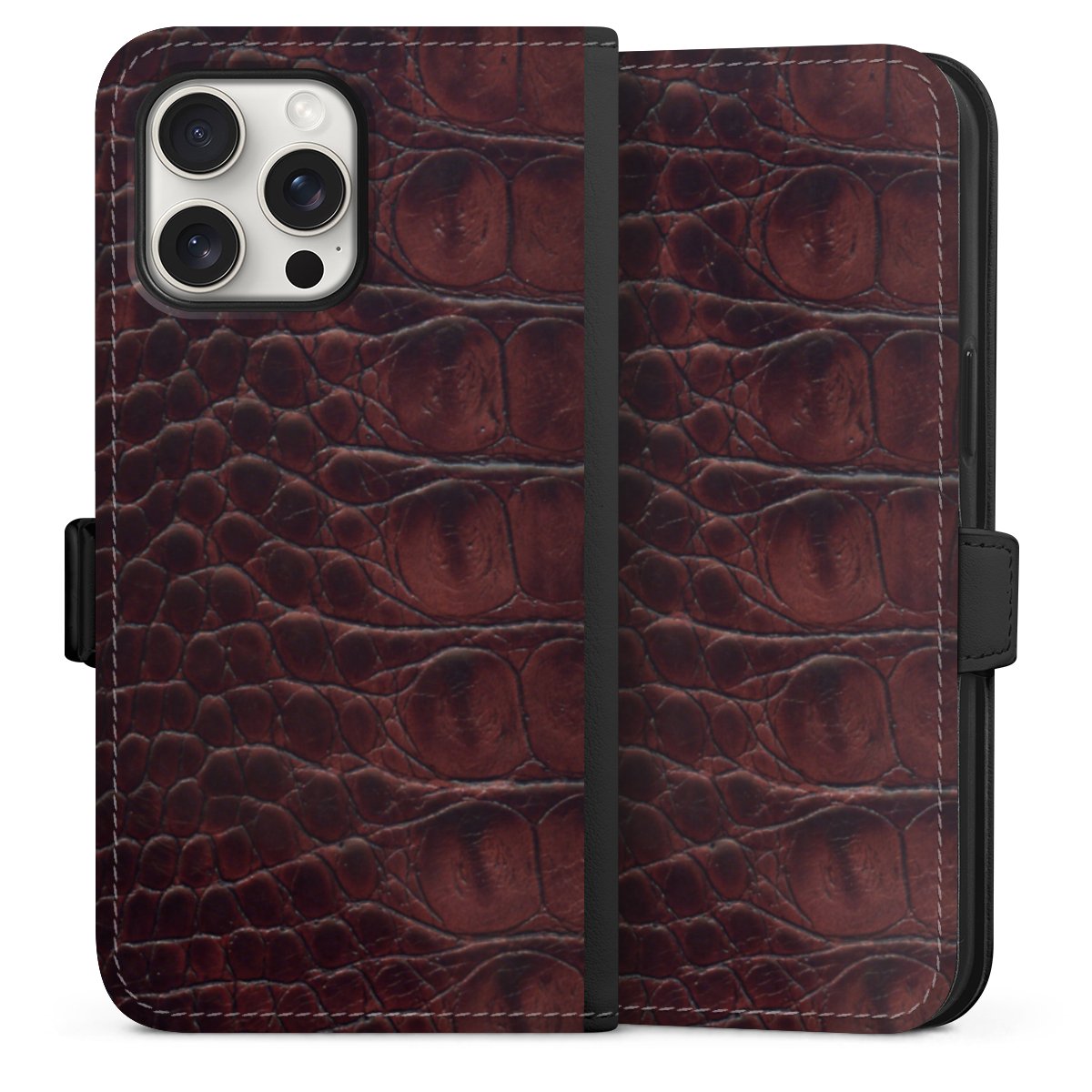 iPhone 15 Pro Max Handy Klapphülle Handyhülle aus Kunst Leder schwarz Flip Case Crocodile Animal Print Leather Sideflip mit Lasche