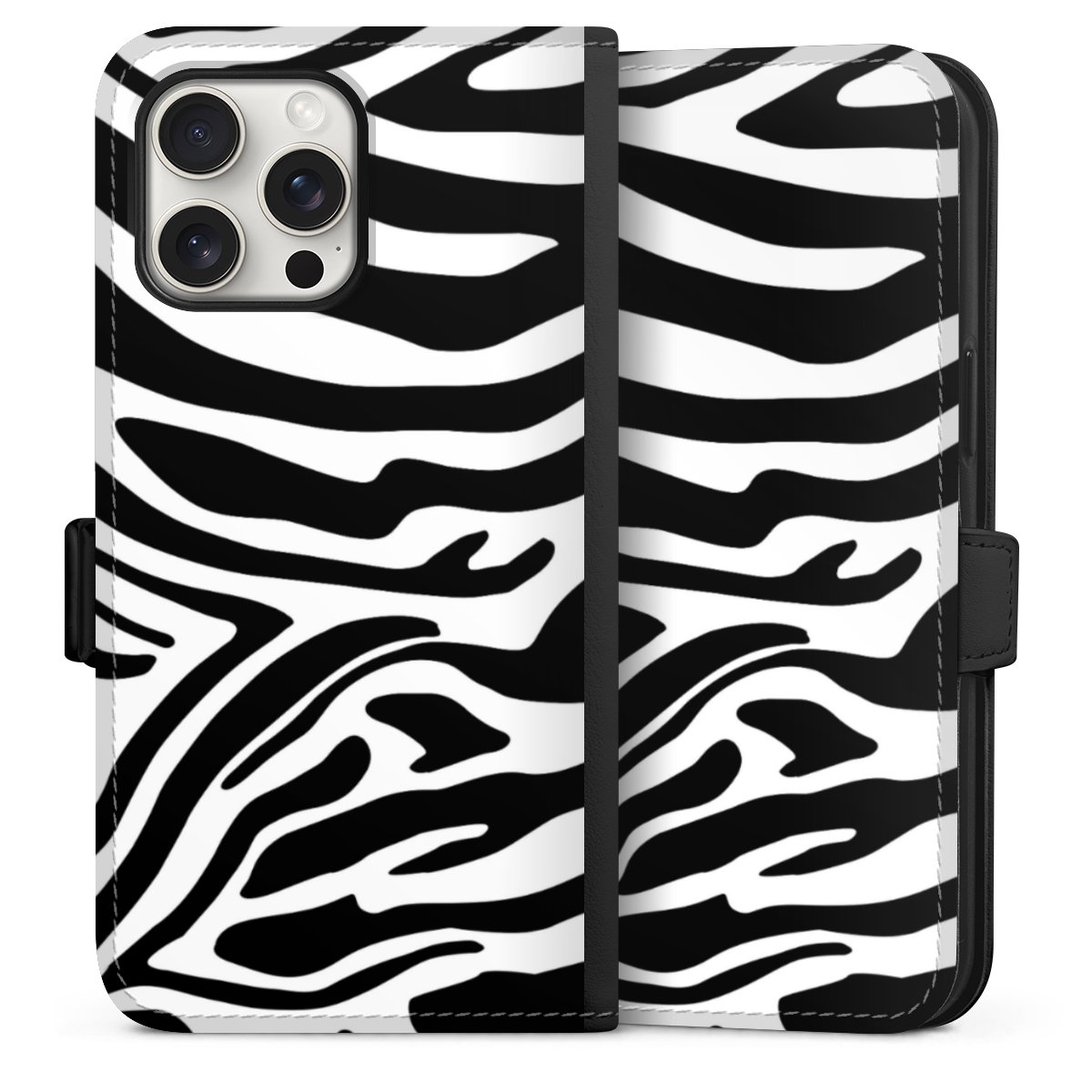 iPhone 15 Pro Max Handy Klapphülle Handyhülle aus Kunst Leder schwarz Flip Case Zebra Animal Look Animal Print Sideflip mit Lasche