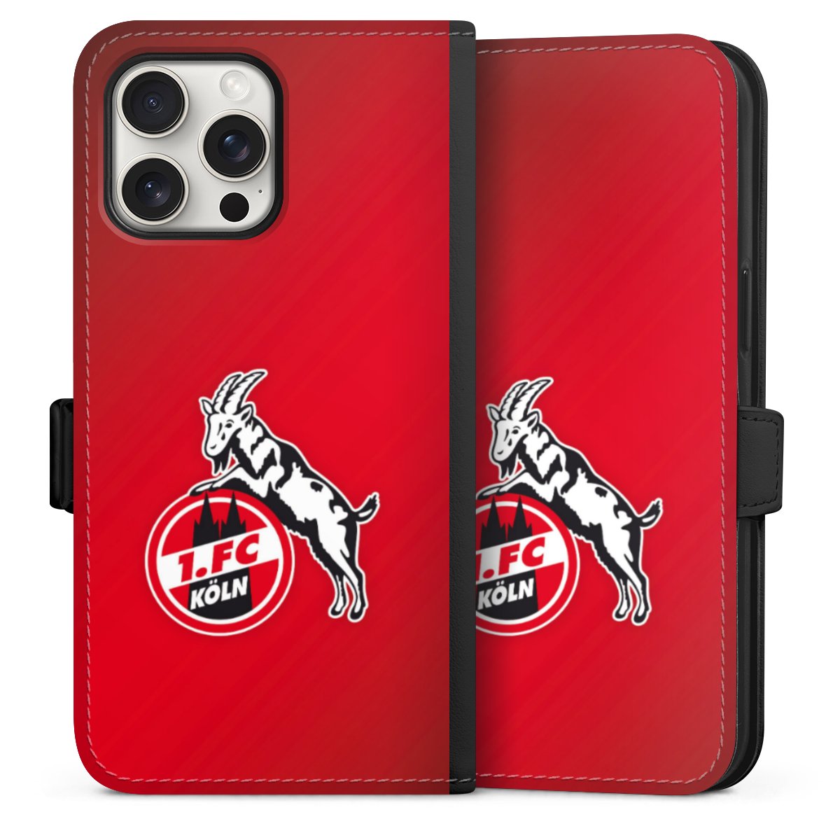 iPhone 15 Pro Max Handy Klapphülle Handyhülle aus Kunst Leder schwarz Flip Case Official Licensed Product Effzeh 1. Fc Köln Sideflip mit Lasche