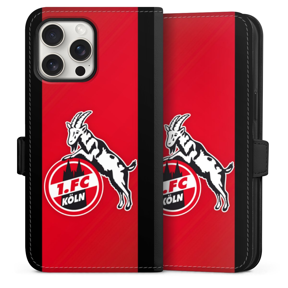 iPhone 15 Pro Max Handy Klapphülle Handyhülle aus Kunst Leder schwarz Flip Case Official Licensed Product Billy Goat Hennes 1. Fc Köln Sideflip mit Lasche