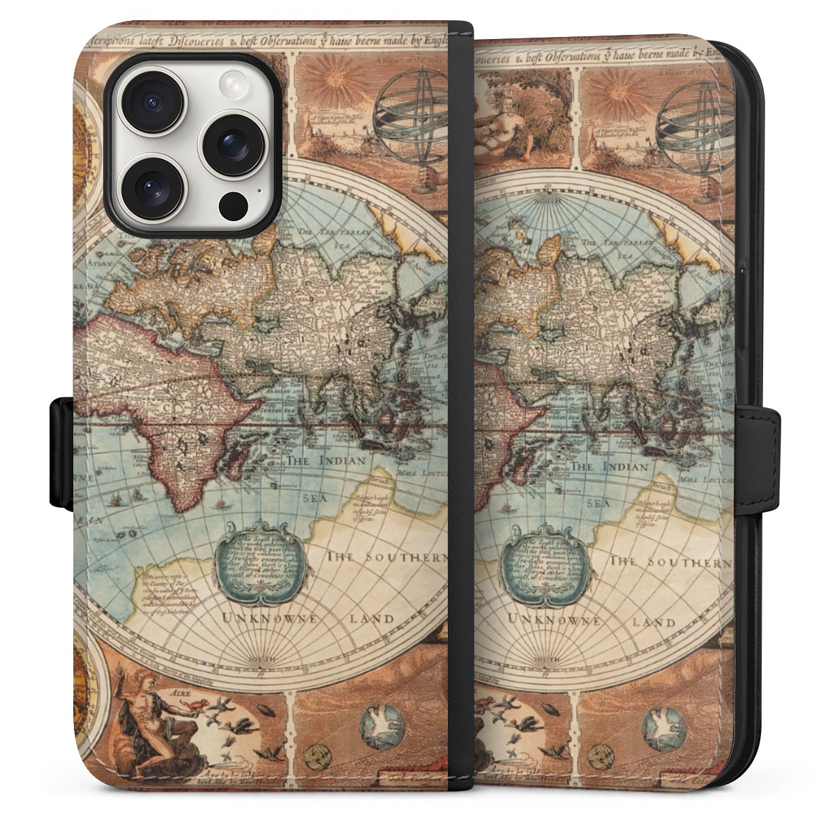 iPhone 15 Pro Max Handy Klapphülle Handyhülle aus Kunst Leder schwarz Flip Case World Map Vintage Map Sideflip mit Lasche