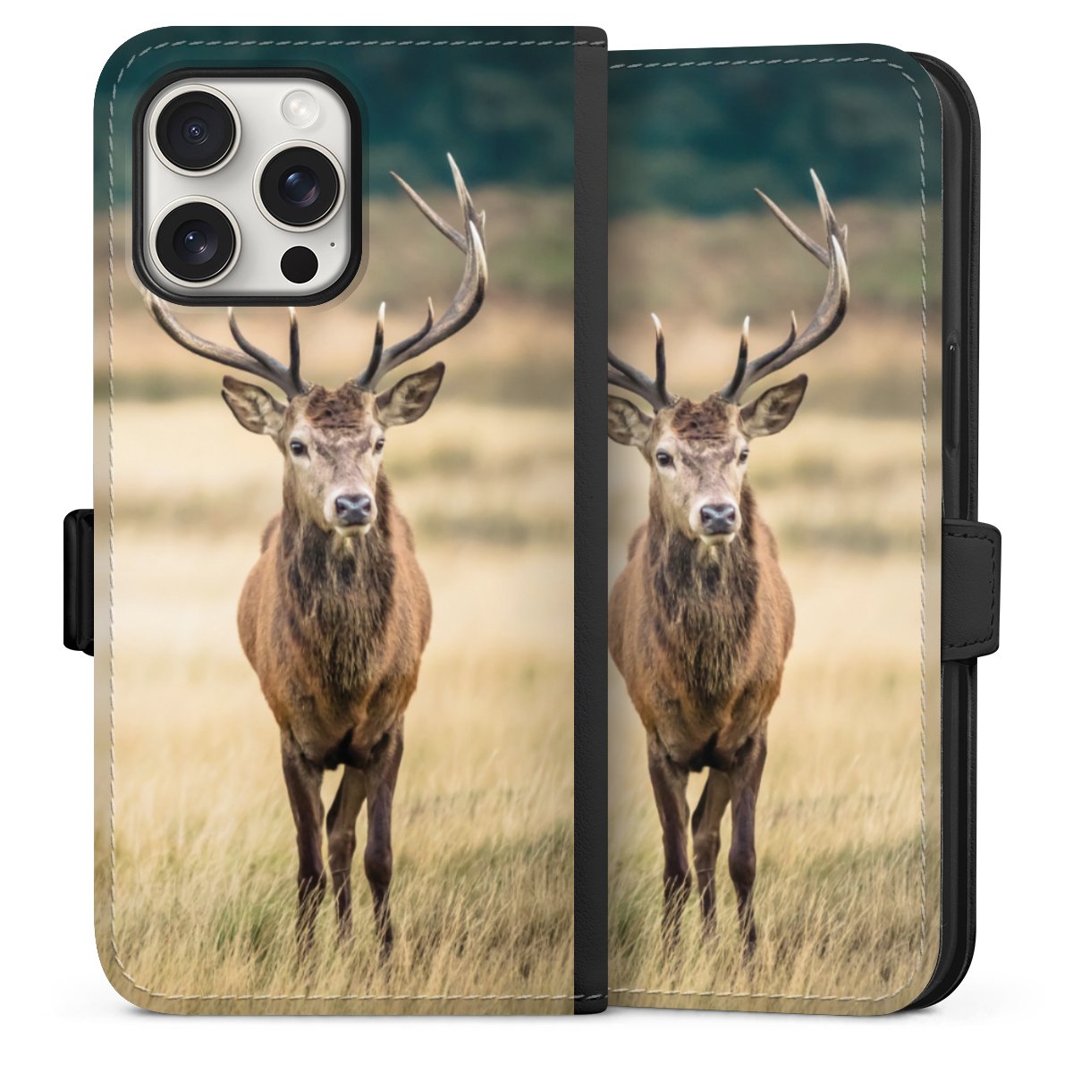 iPhone 15 Pro Max Handy Klapphülle Handyhülle aus Kunst Leder schwarz Flip Case Deer Meadow Forrest Sideflip mit Lasche