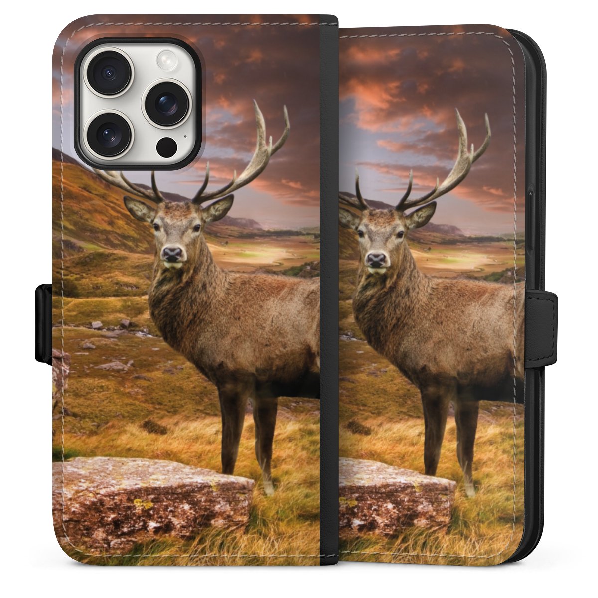 iPhone 15 Pro Max Handy Klapphülle Handyhülle aus Kunst Leder schwarz Flip Case Meadow Mountain Deer Sideflip mit Lasche