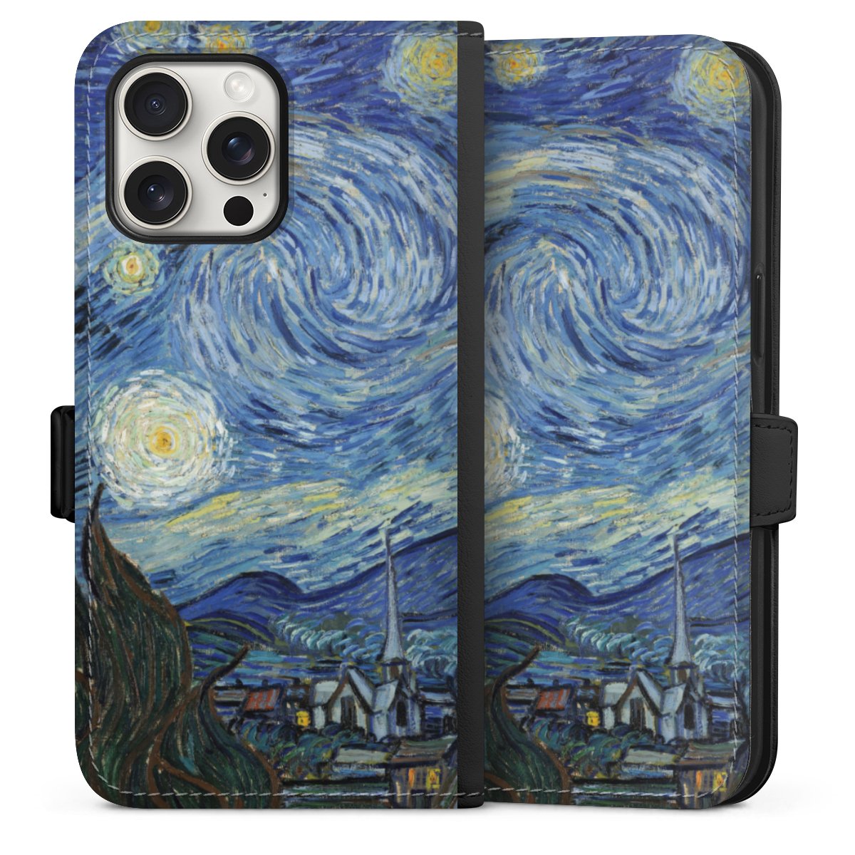 iPhone 15 Pro Max Handy Klapphülle Handyhülle aus Kunst Leder schwarz Flip Case The Starry Night Kunst Vincent Van Gogh Sideflip mit Lasche