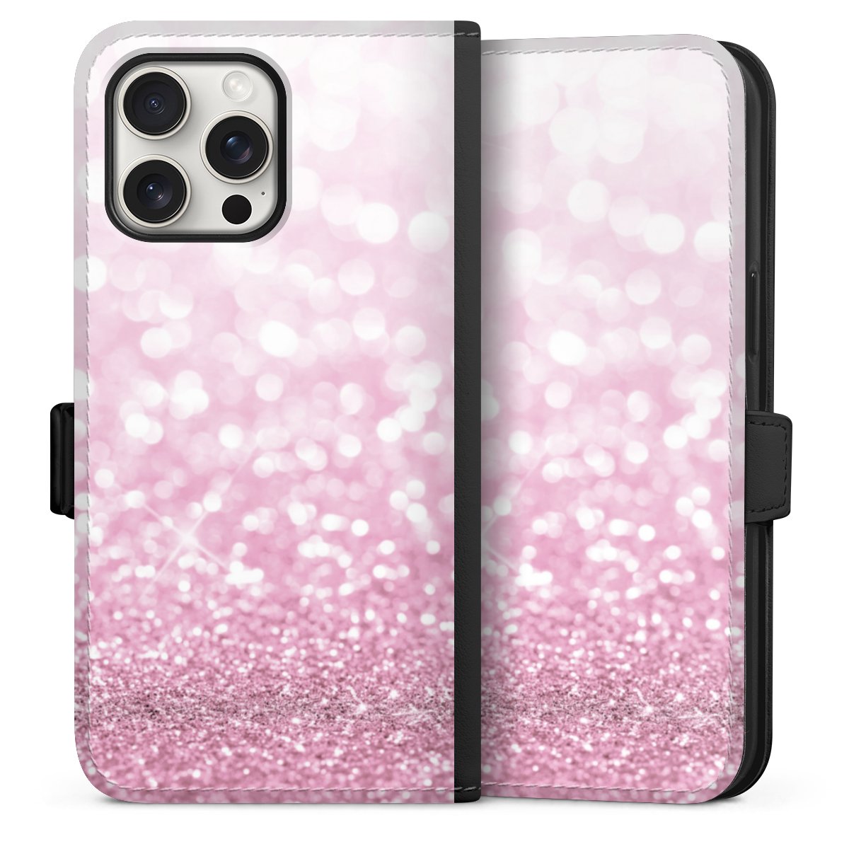 iPhone 15 Pro Max Handy Klapphülle Handyhülle aus Kunst Leder schwarz Flip Case Glitzer Pink Shine Sideflip mit Lasche