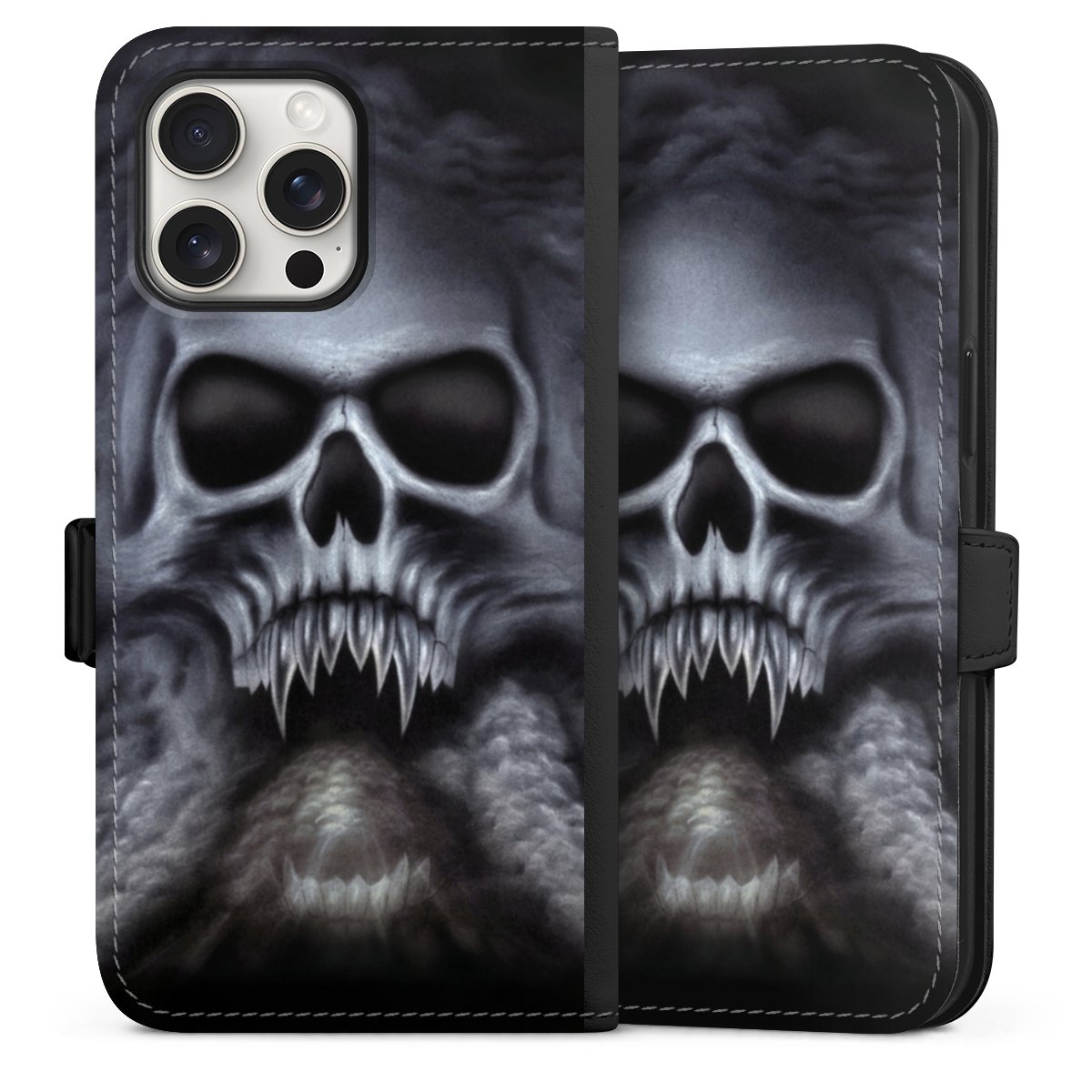 iPhone 15 Pro Max Handy Klapphülle Handyhülle aus Kunst Leder schwarz Flip Case Totenkopf Skull Sideflip mit Lasche