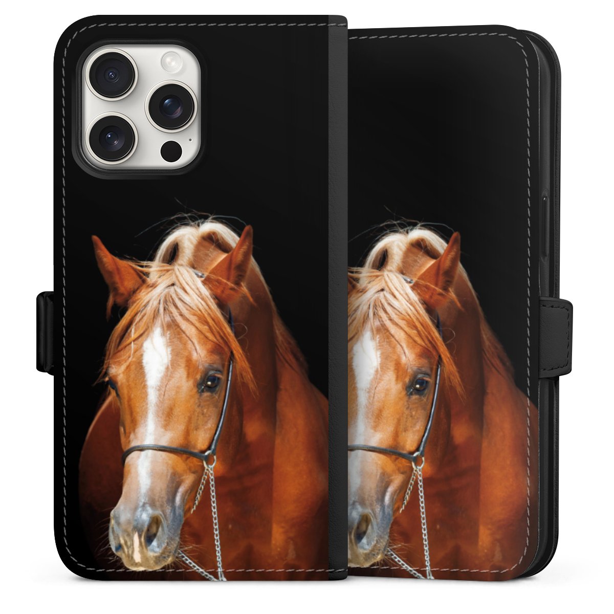 iPhone 15 Pro Max Handy Klapphülle Handyhülle aus Kunst Leder schwarz Flip Case Mare Horse Hobby Sideflip mit Lasche