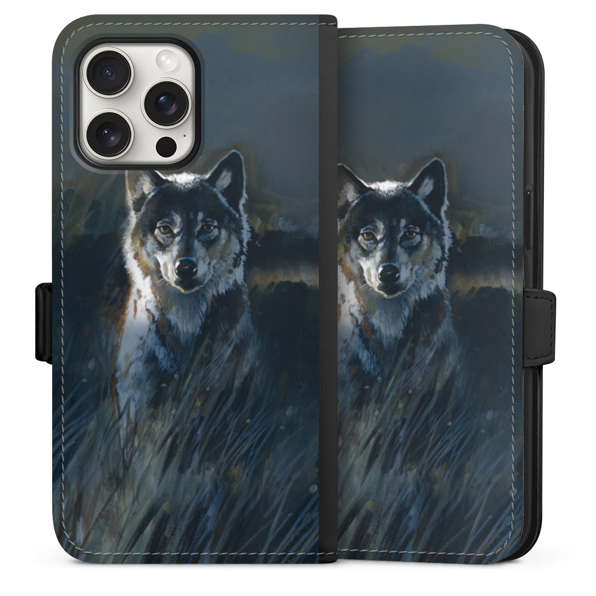 iPhone 15 Pro Max Handy Klapphülle Handyhülle aus Kunst Leder schwarz Flip Case Nature Wolf Painting Sideflip mit Lasche