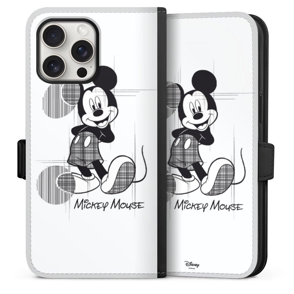 iPhone 15 Pro Max Handy Klapphülle Handyhülle aus Kunst Leder schwarz Flip Case Disney Official Licensed Product Mickey Mouse Sideflip mit Lasche