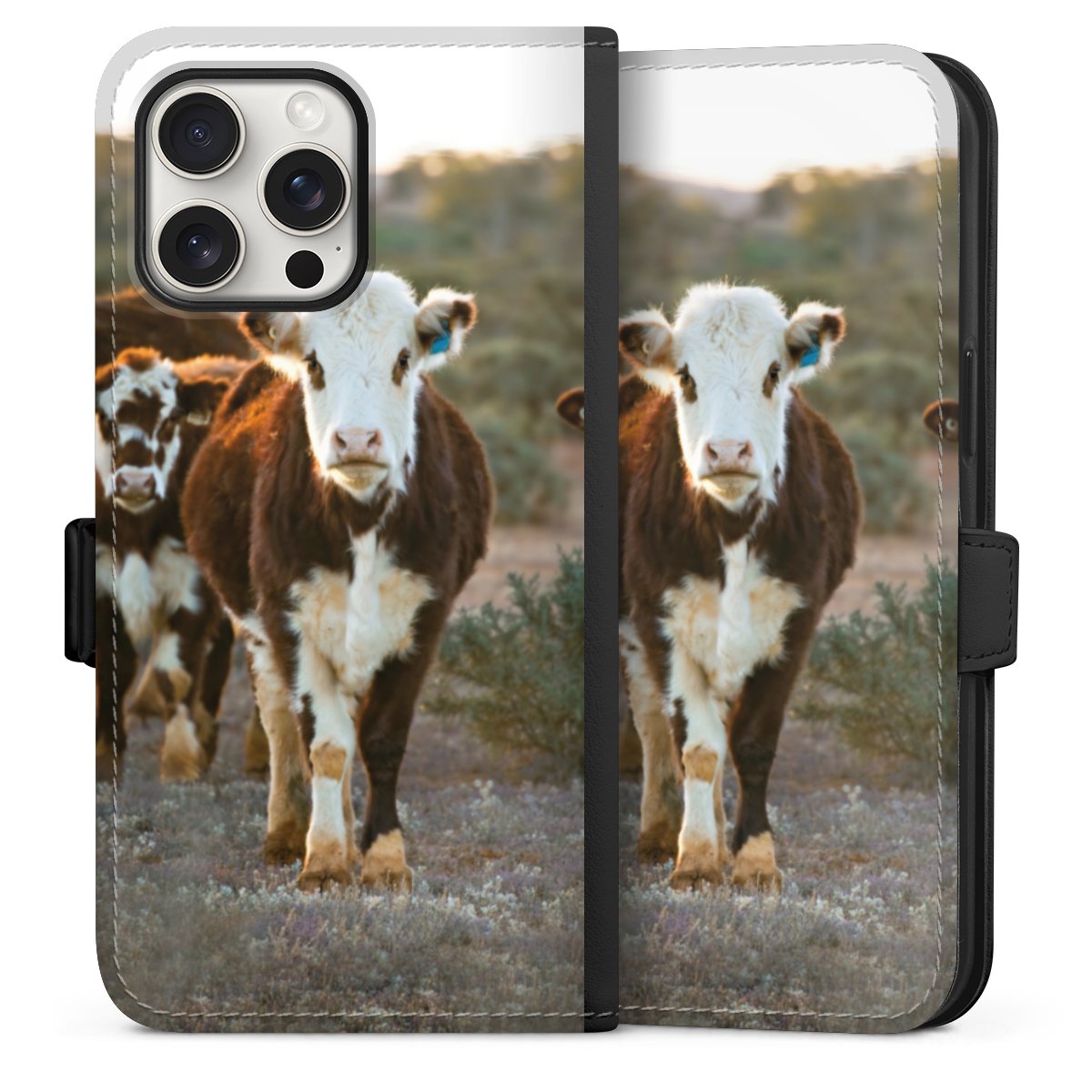 iPhone 15 Pro Max Handy Klapphülle Handyhülle aus Kunst Leder schwarz Flip Case Cow Farmer Calf Sideflip mit Lasche