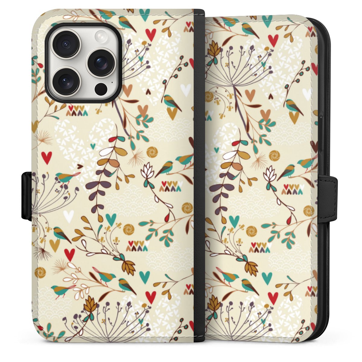 iPhone 15 Pro Max Handy Klapphülle Handyhülle aus Kunst Leder schwarz Flip Case Bird Flowers Retro Sideflip mit Lasche