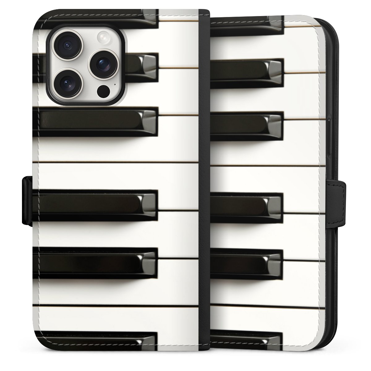 iPhone 15 Pro Max Handy Klapphülle Handyhülle aus Kunst Leder schwarz Flip Case Klavier Piano Music Sideflip mit Lasche