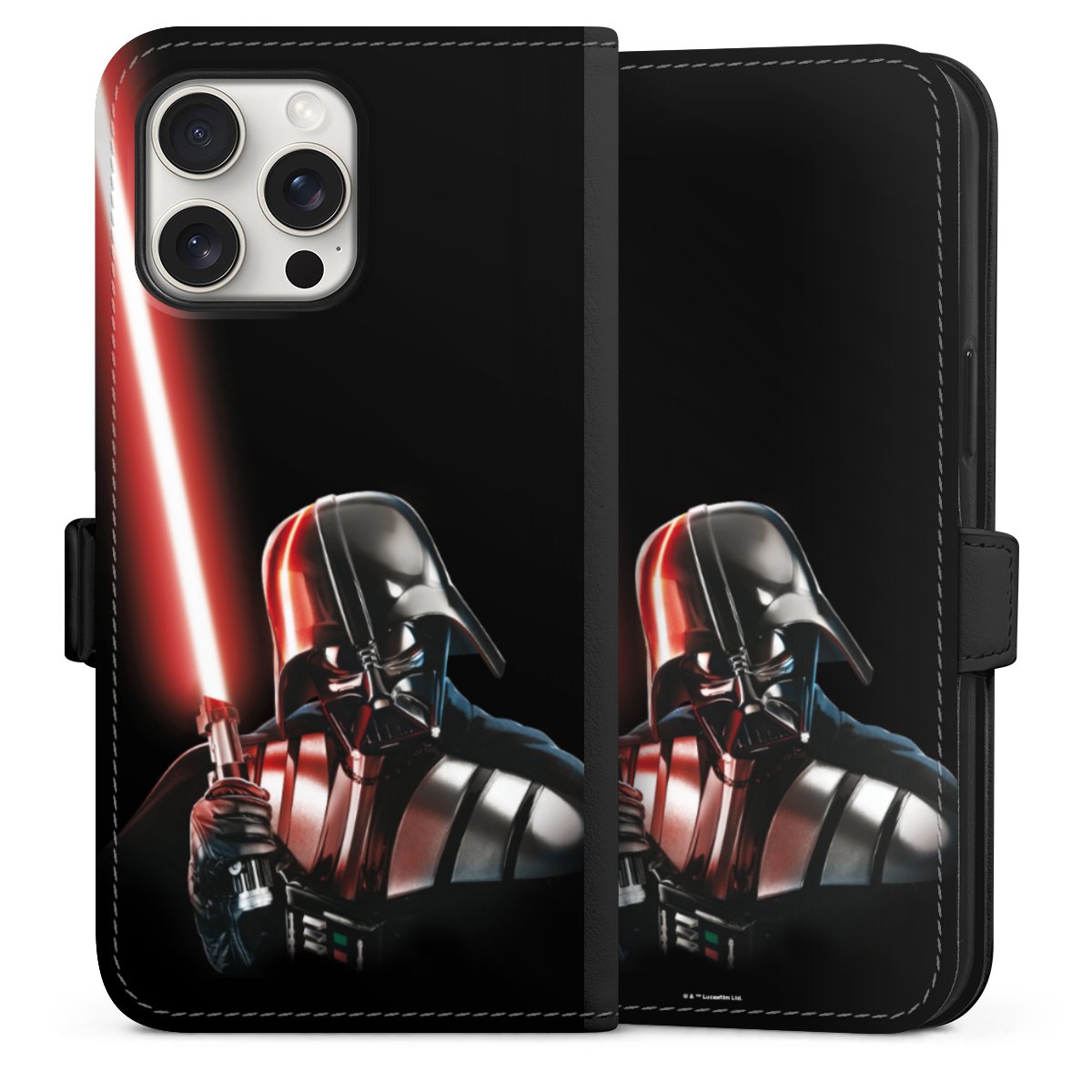 iPhone 15 Pro Max Handy Klapphülle Handyhülle aus Kunst Leder schwarz Flip Case Star Wars Merchandise Darth Vader Sideflip mit Lasche