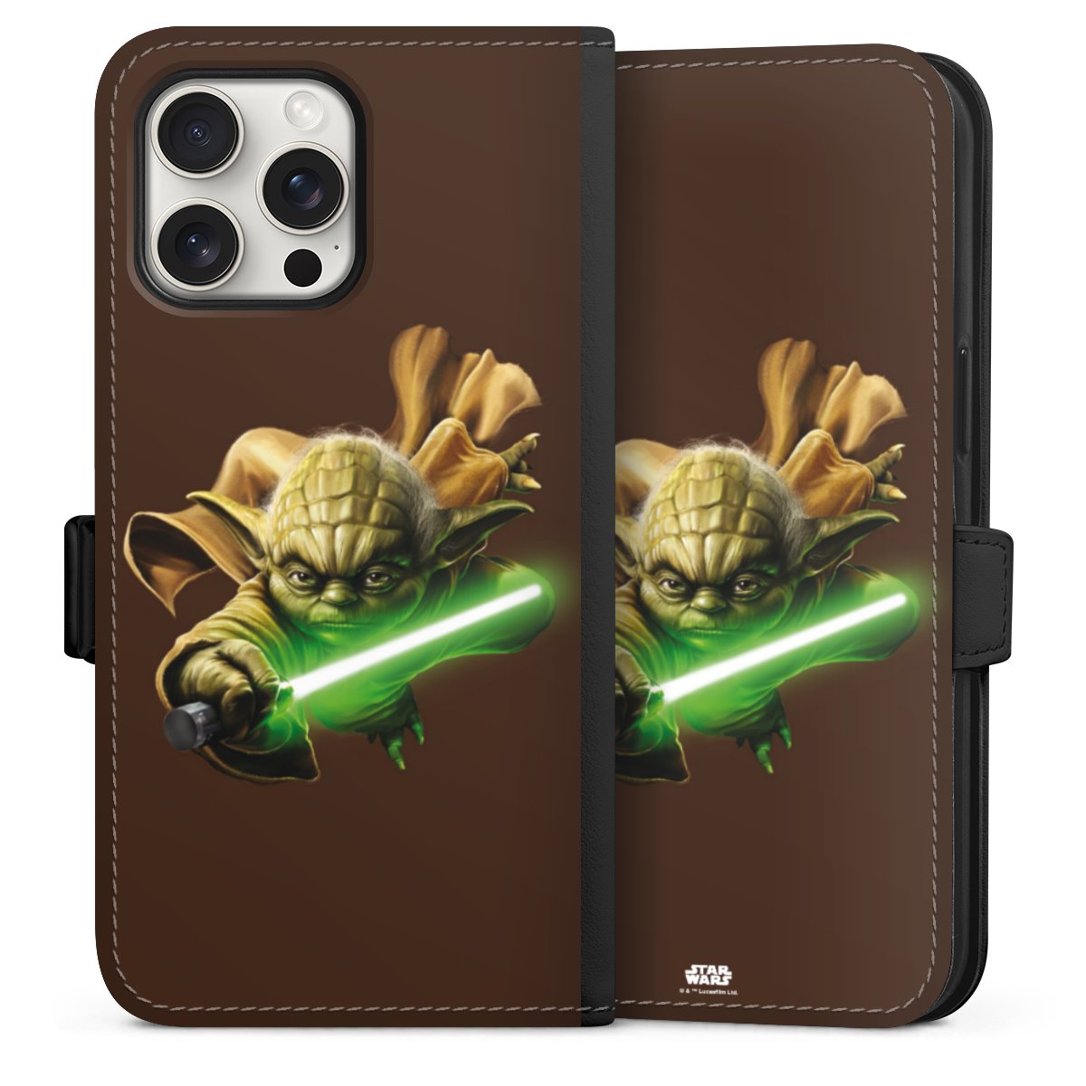 iPhone 15 Pro Max Handy Klapphülle Handyhülle aus Kunst Leder schwarz Flip Case Yoda Merchandise Star Wars Sideflip mit Lasche