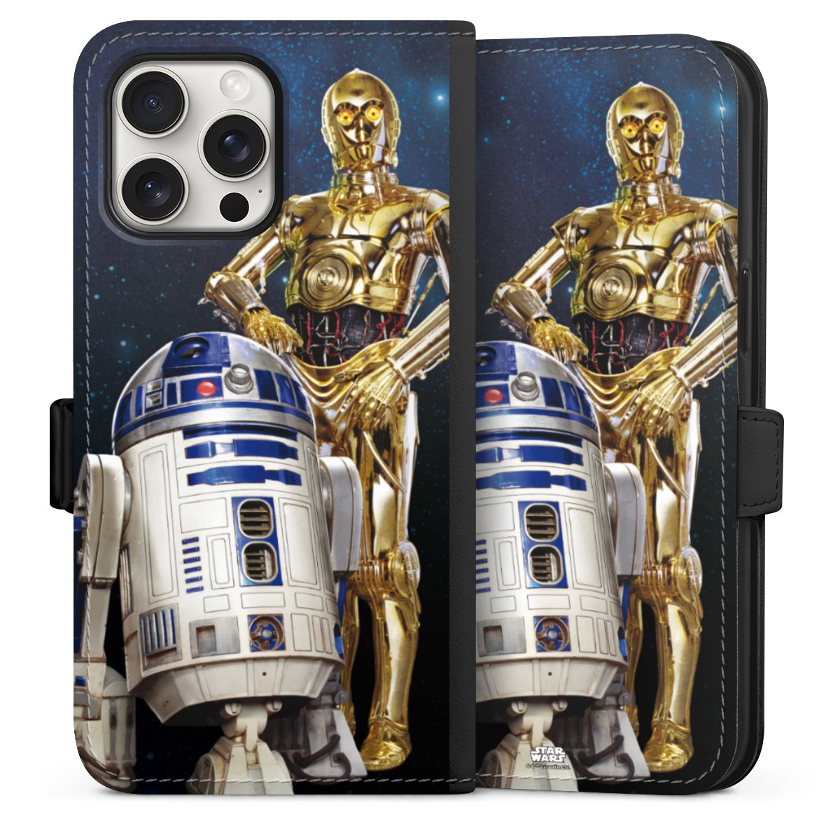 iPhone 15 Pro Max Handy Klapphülle Handyhülle aus Kunst Leder schwarz Flip Case Weltall Star Wars R2d2 Sideflip mit Lasche