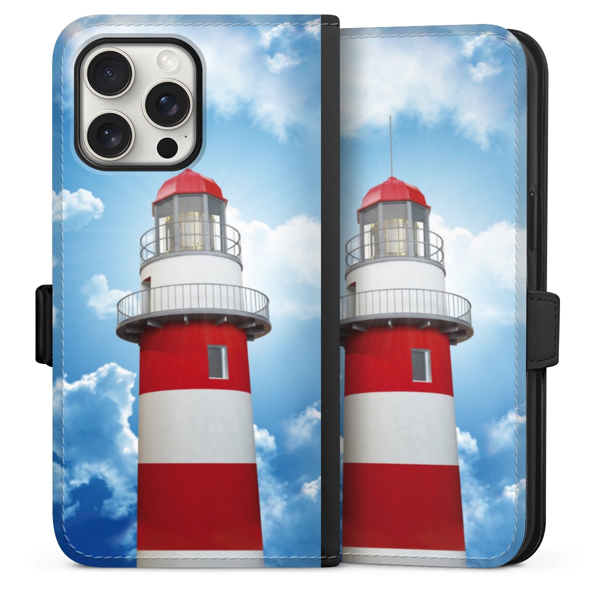 iPhone 15 Pro Max Handy Klapphülle Handyhülle aus Kunst Leder schwarz Flip Case Lighthouse Sky Cloud Sideflip mit Lasche