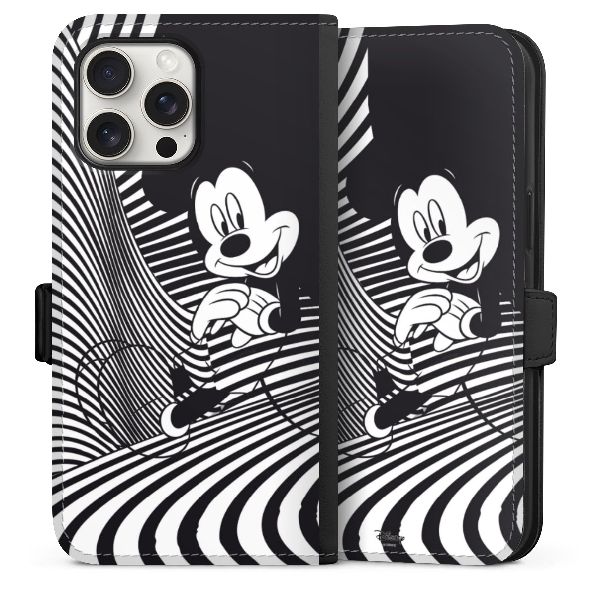 iPhone 15 Pro Max Handy Klapphülle Handyhülle aus Kunst Leder schwarz Flip Case Disney Official Licensed Product Mickey Mouse Sideflip mit Lasche