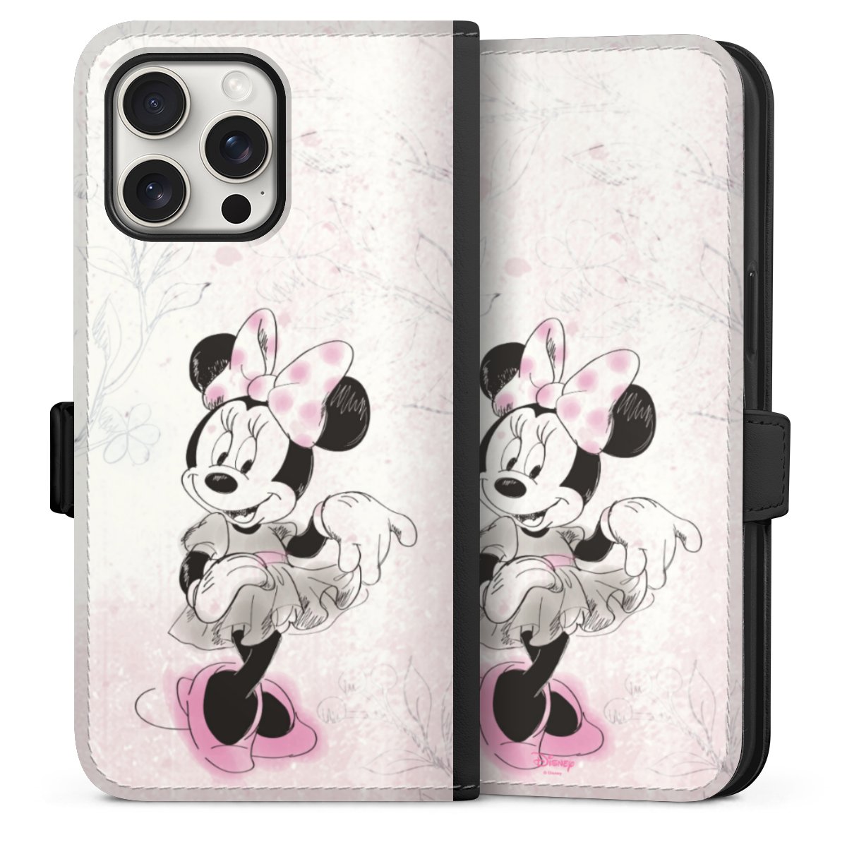 iPhone 15 Pro Max Handy Klapphülle Handyhülle aus Kunst Leder schwarz Flip Case Disney Minnie Mouse Vintage Sideflip mit Lasche