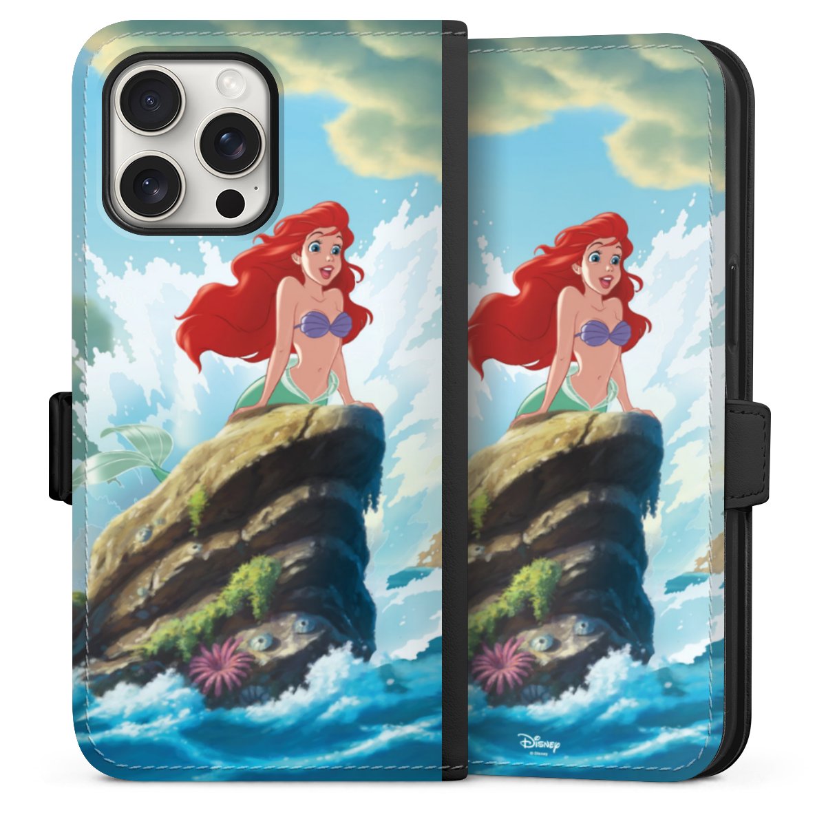 iPhone 15 Pro Max Handy Klapphülle Handyhülle aus Kunst Leder schwarz Flip Case Mermaid Arielle Die Meerjungfrau Official Licensed Product Sideflip mit Lasche