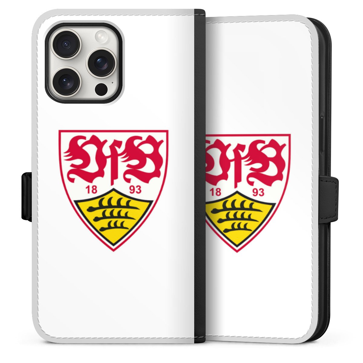 iPhone 15 Pro Max Handy Klapphülle Handyhülle aus Kunst Leder schwarz Flip Case Logo Official Licensed Product Vfb Stuttgart Sideflip mit Lasche