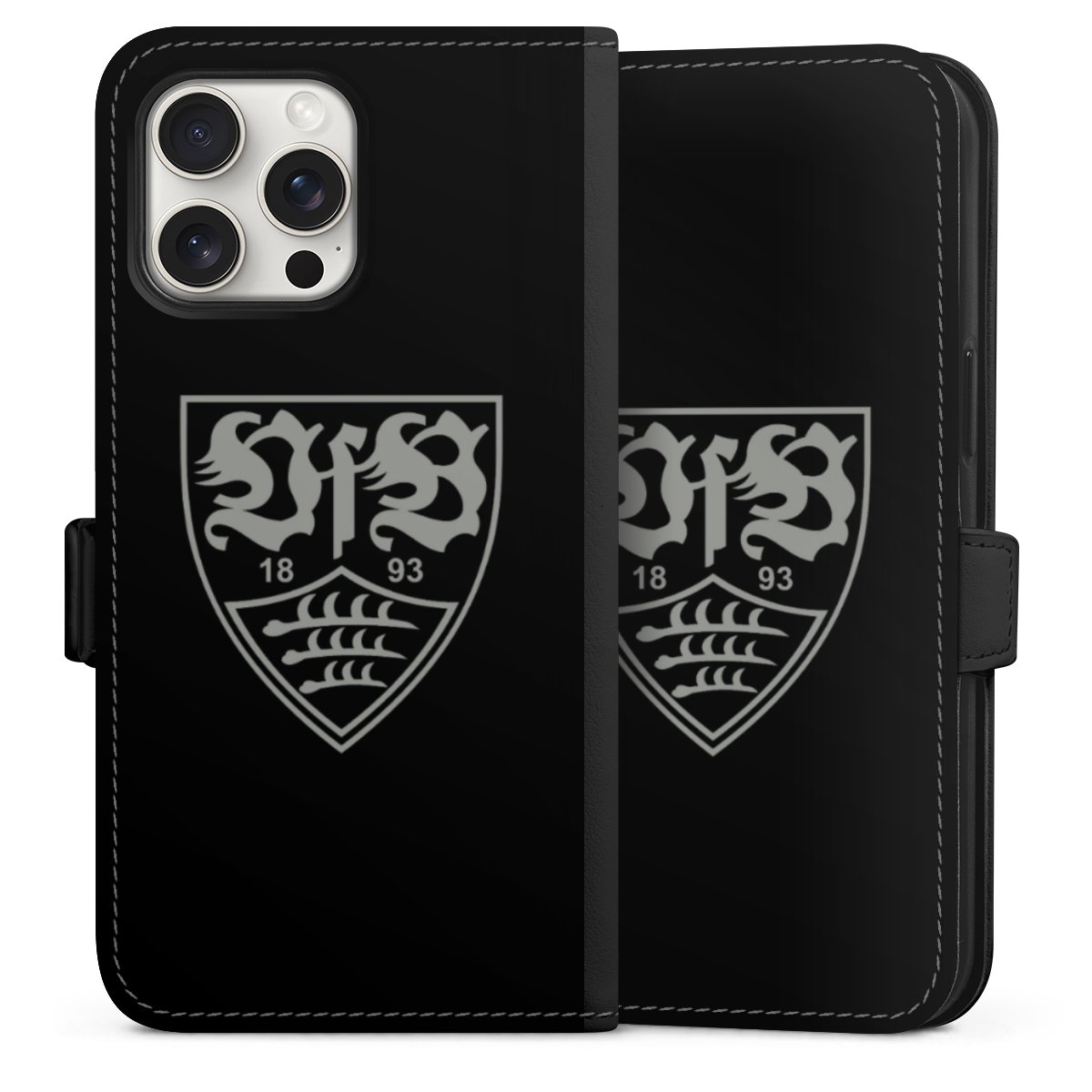 iPhone 15 Pro Max Handy Klapphülle Handyhülle aus Kunst Leder schwarz Flip Case Official Licensed Product Vfb Stuttgart Sideflip mit Lasche