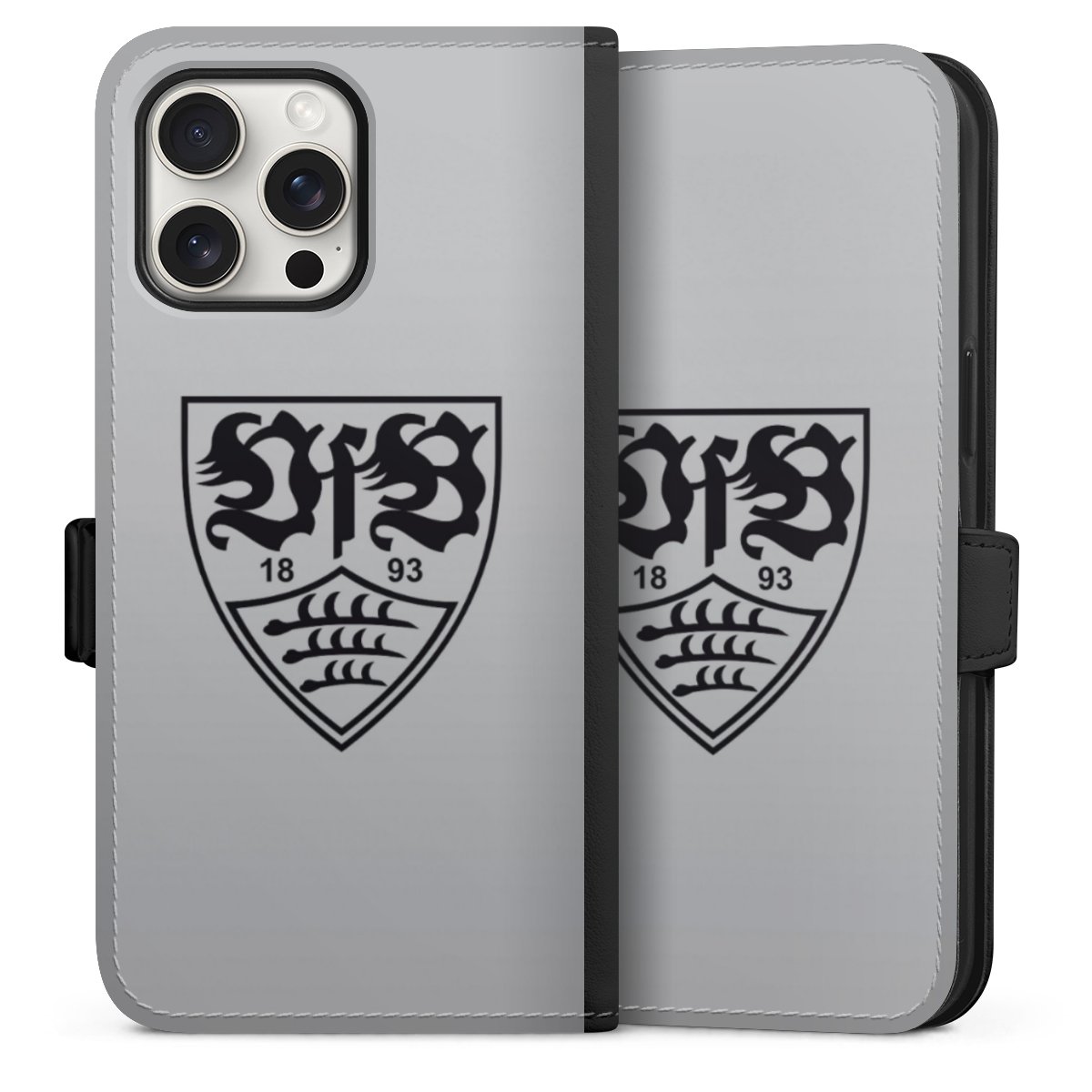 iPhone 15 Pro Max Handy Klapphülle Handyhülle aus Kunst Leder schwarz Flip Case Logo Vfb Stuttgart Official Licensed Product Sideflip mit Lasche