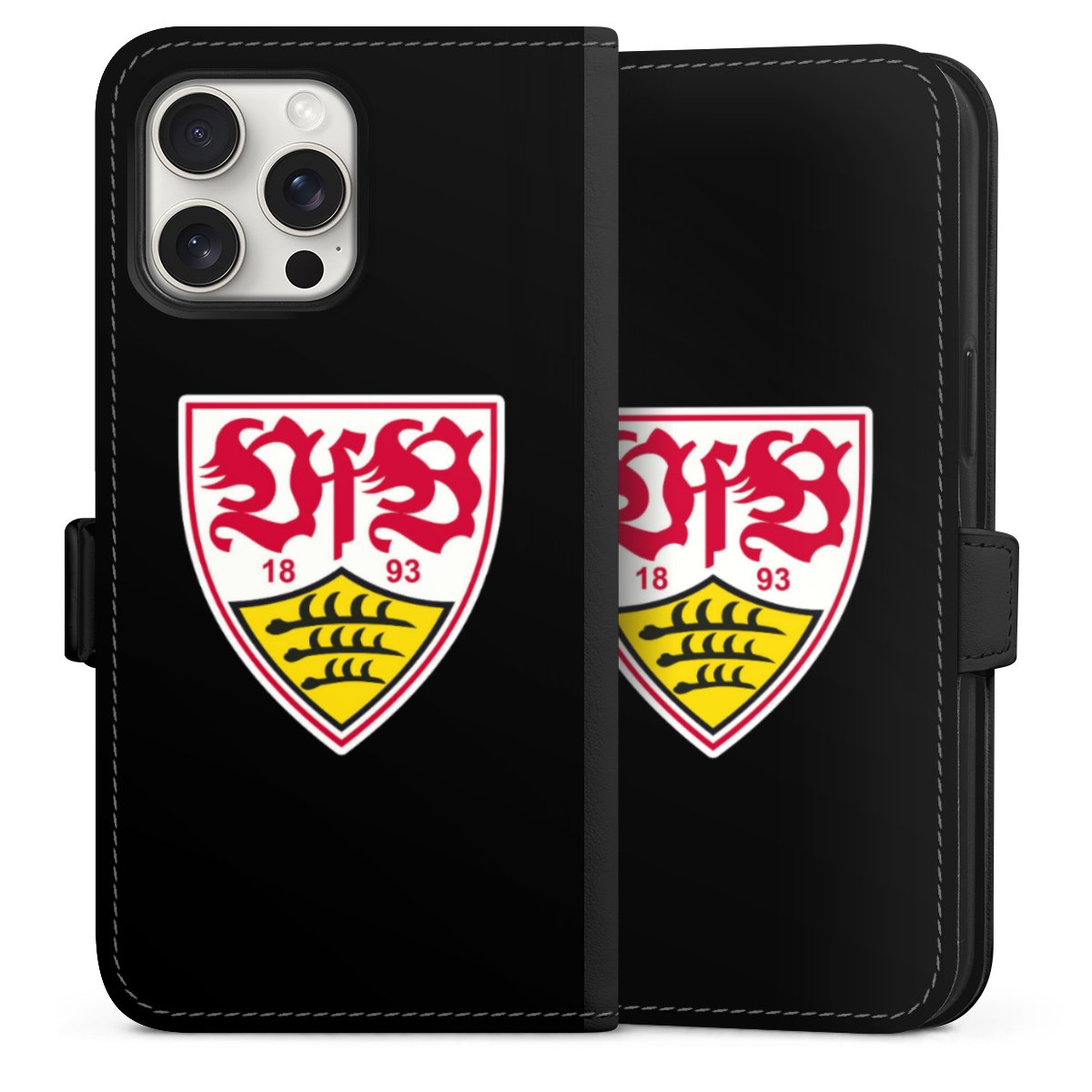 iPhone 15 Pro Max Handy Klapphülle Handyhülle aus Kunst Leder schwarz Flip Case Vfb Stuttgart Official Licensed Product Coat Of Arms Sideflip mit Lasche