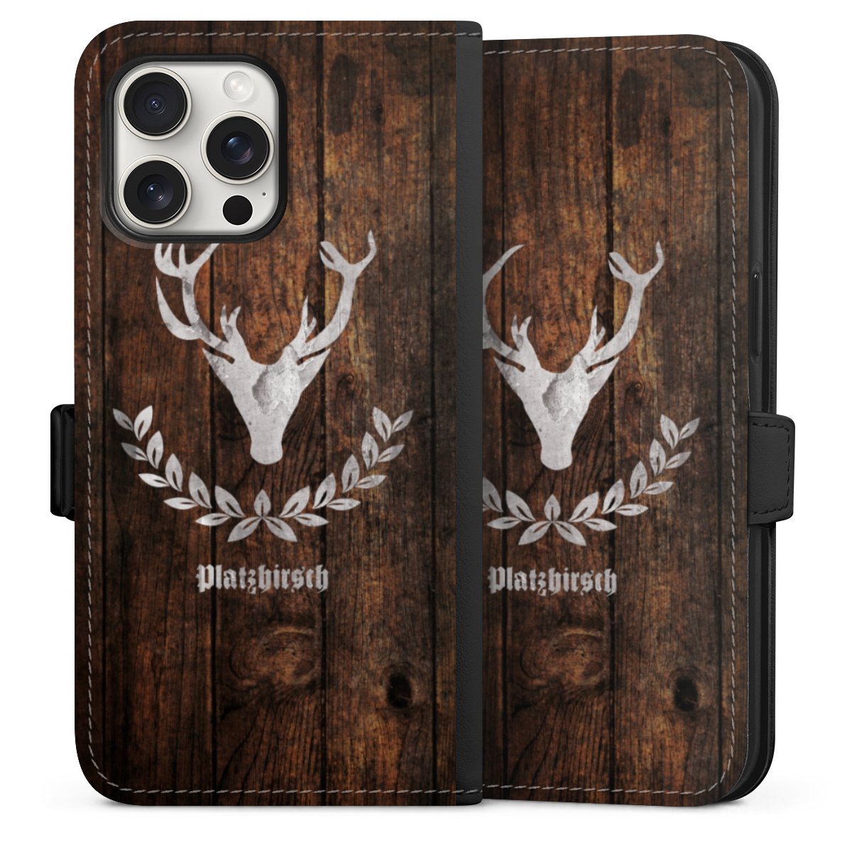 iPhone 15 Pro Max Handy Klapphülle Handyhülle aus Kunst Leder schwarz Flip Case Deer Wood Wooden Look Sideflip mit Lasche