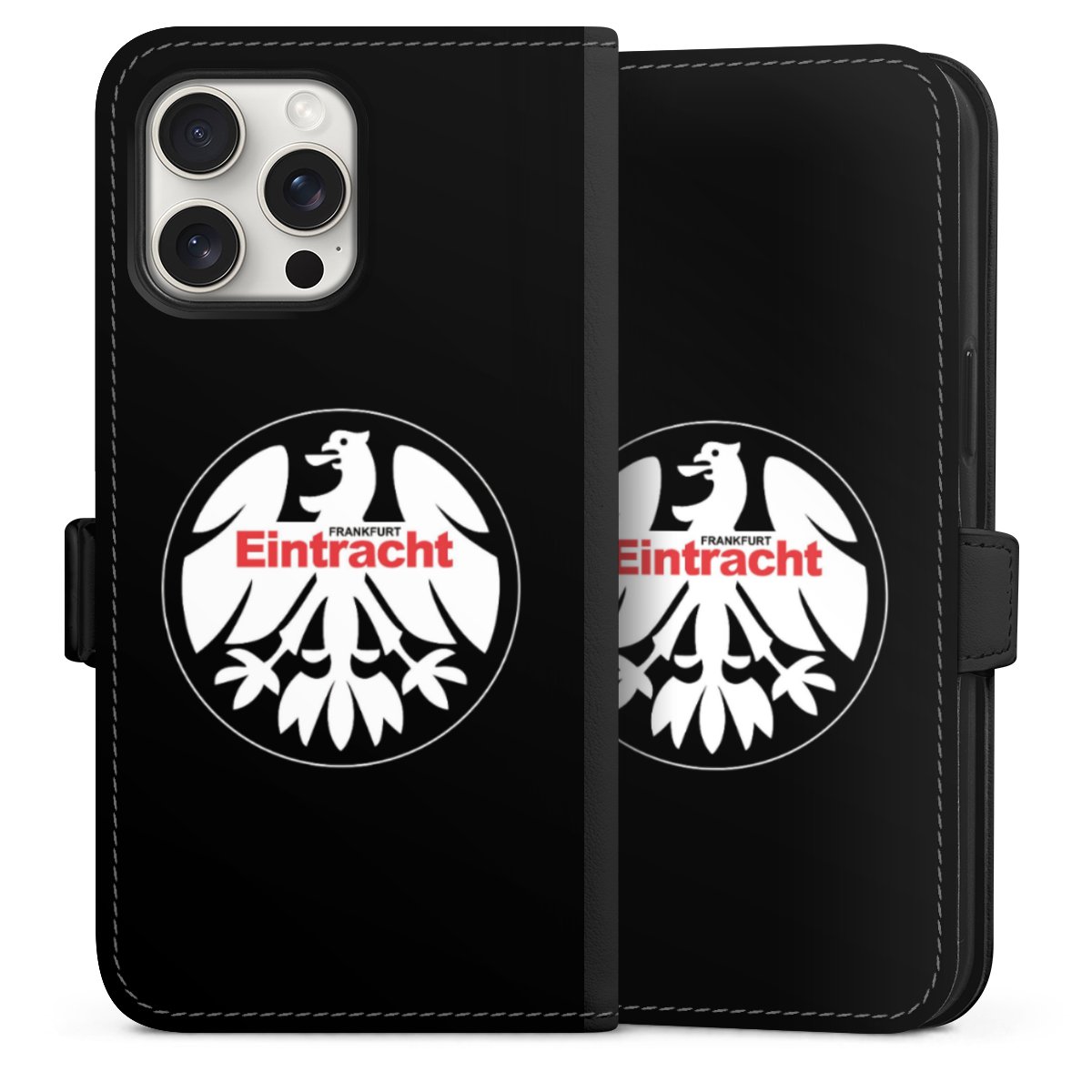 iPhone 15 Pro Max Handy Klapphülle Handyhülle aus Kunst Leder schwarz Flip Case Official Licensed Product Eintracht Frankfurt Sge Sideflip mit Lasche