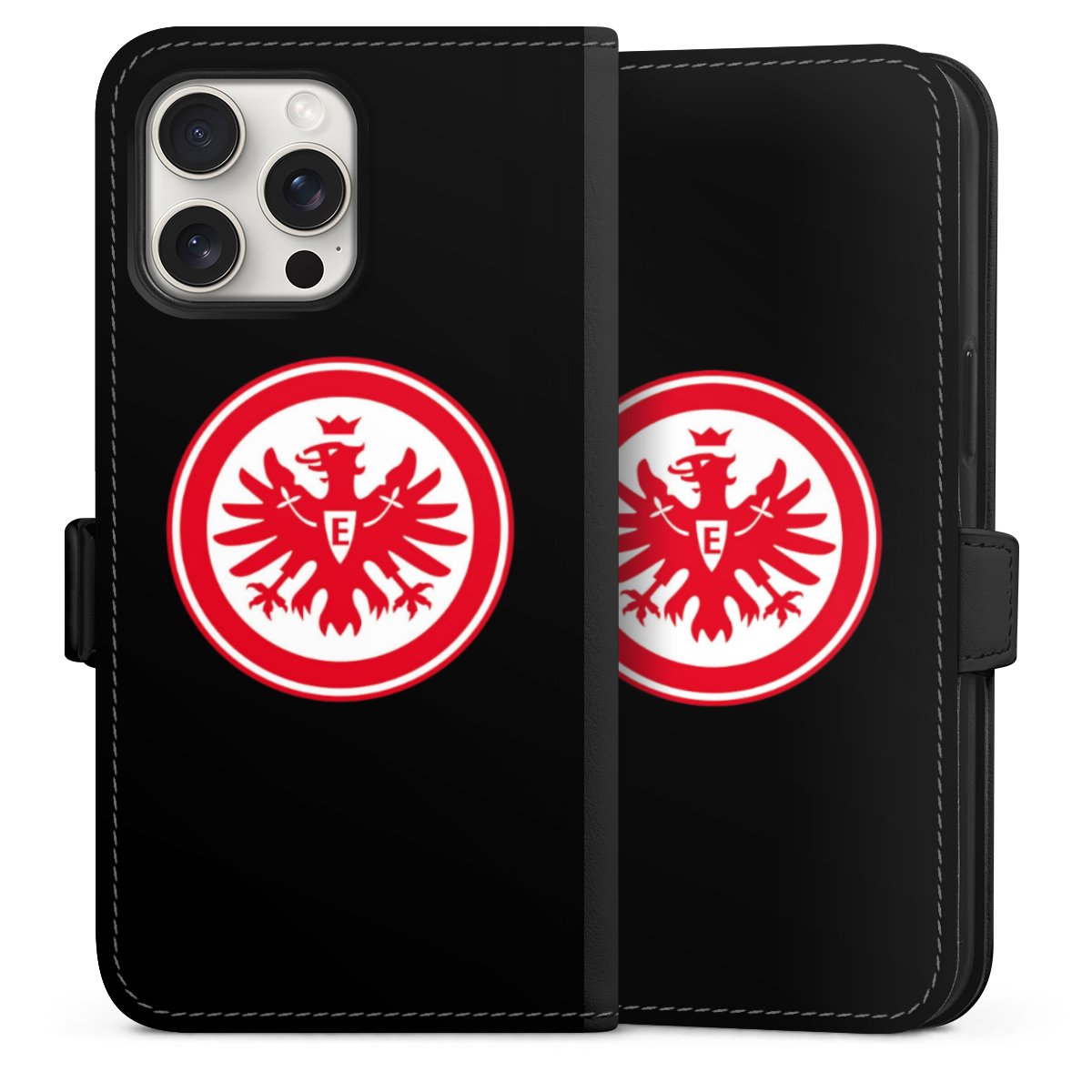 iPhone 15 Pro Max Handy Klapphülle Handyhülle aus Kunst Leder schwarz Flip Case Eintracht Frankfurt Sge Eagle Sideflip mit Lasche