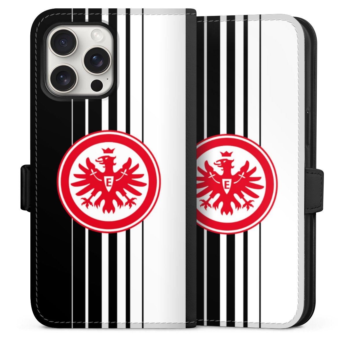 iPhone 15 Pro Max Handy Klapphülle Handyhülle aus Kunst Leder schwarz Flip Case Stripes Eintracht Frankfurt Official Licensed Product Sideflip mit Lasche