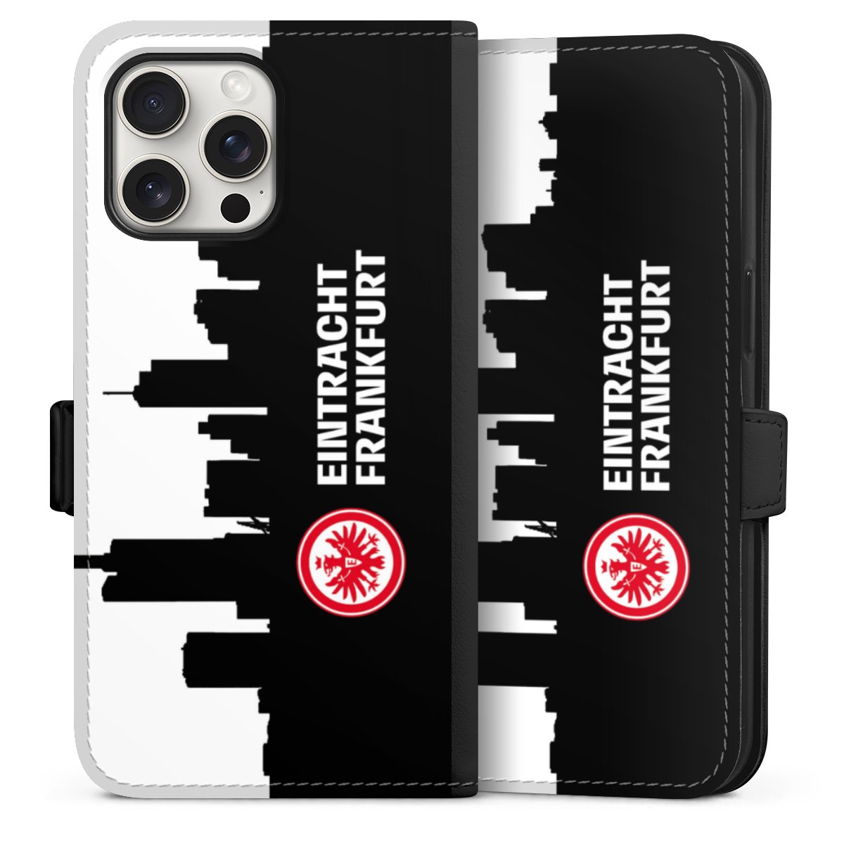 iPhone 15 Pro Max Handy Klapphülle Handyhülle aus Kunst Leder schwarz Flip Case Sge Eintracht Frankfurt Official Licensed Product Sideflip mit Lasche