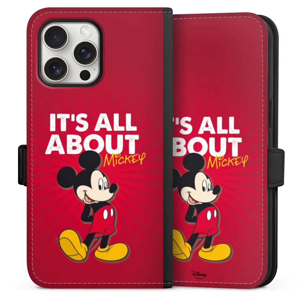 iPhone 15 Pro Max Handy Klapphülle Handyhülle aus Kunst Leder schwarz Flip Case Mouse Disney Official Licensed Product Sideflip mit Lasche