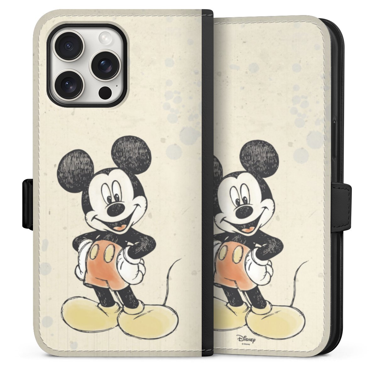 iPhone 15 Pro Max Handy Klapphülle Handyhülle aus Kunst Leder schwarz Flip Case Water Colour Mickey & Minnie Mouse Official Licensed Product Sideflip mit Lasche