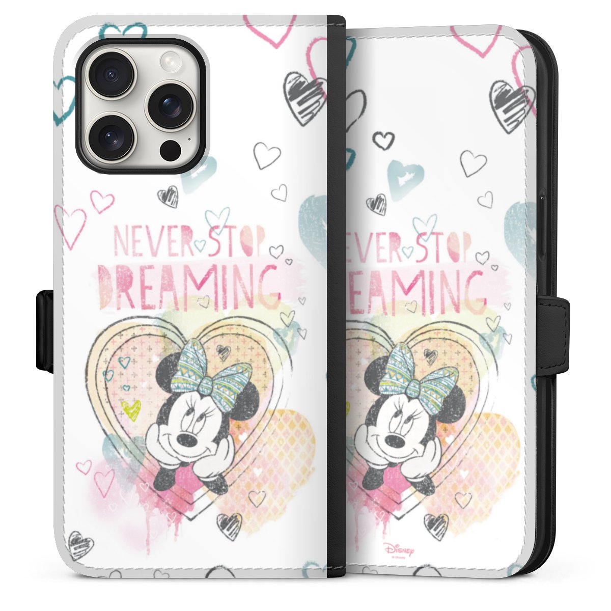 iPhone 15 Pro Max Handy Klapphülle Handyhülle aus Kunst Leder schwarz Flip Case Disney Official Licensed Product Minnie Mouse Sideflip mit Lasche