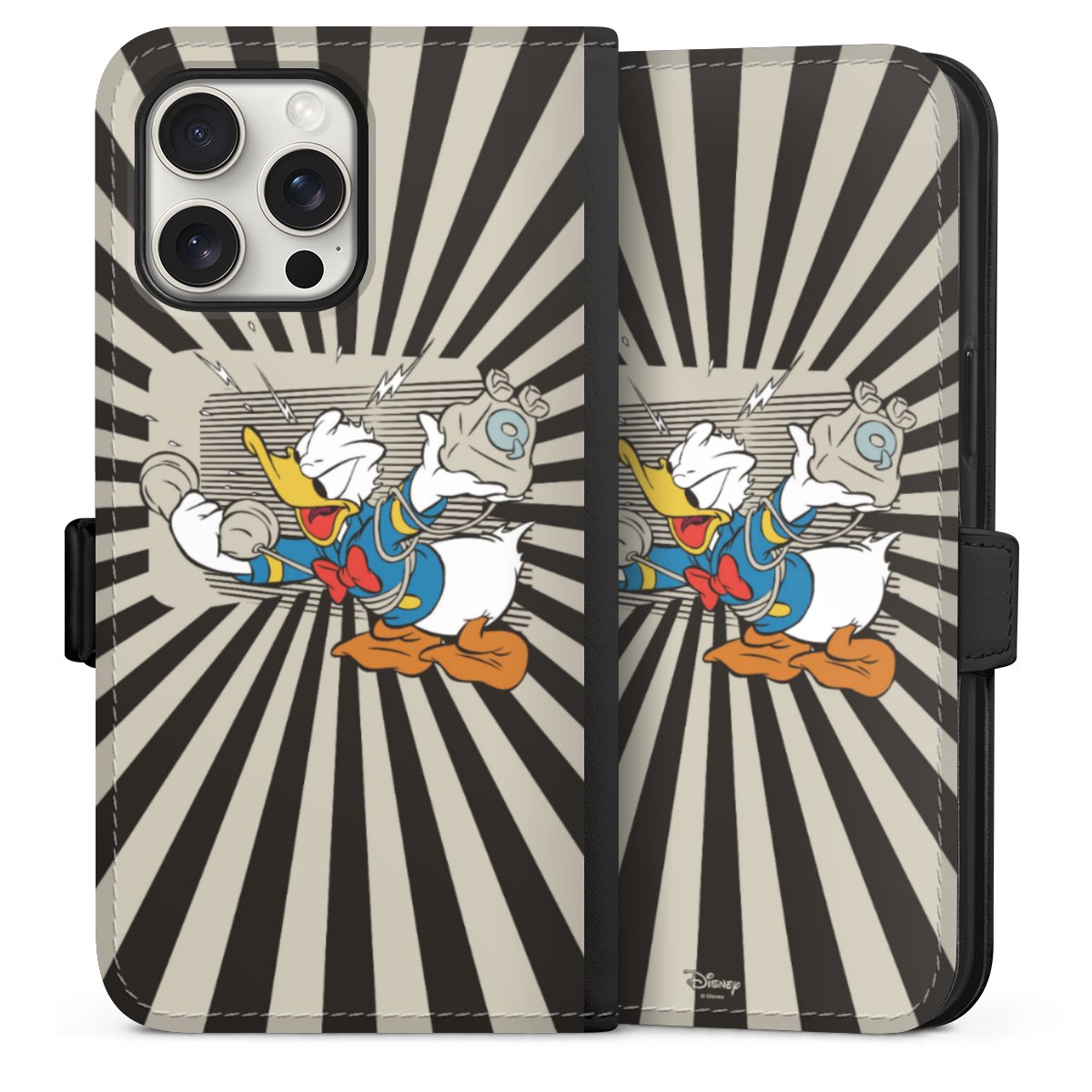 iPhone 15 Pro Max Handy Klapphülle Handyhülle aus Kunst Leder schwarz Flip Case Donald Duck Disney Official Licensed Product Sideflip mit Lasche