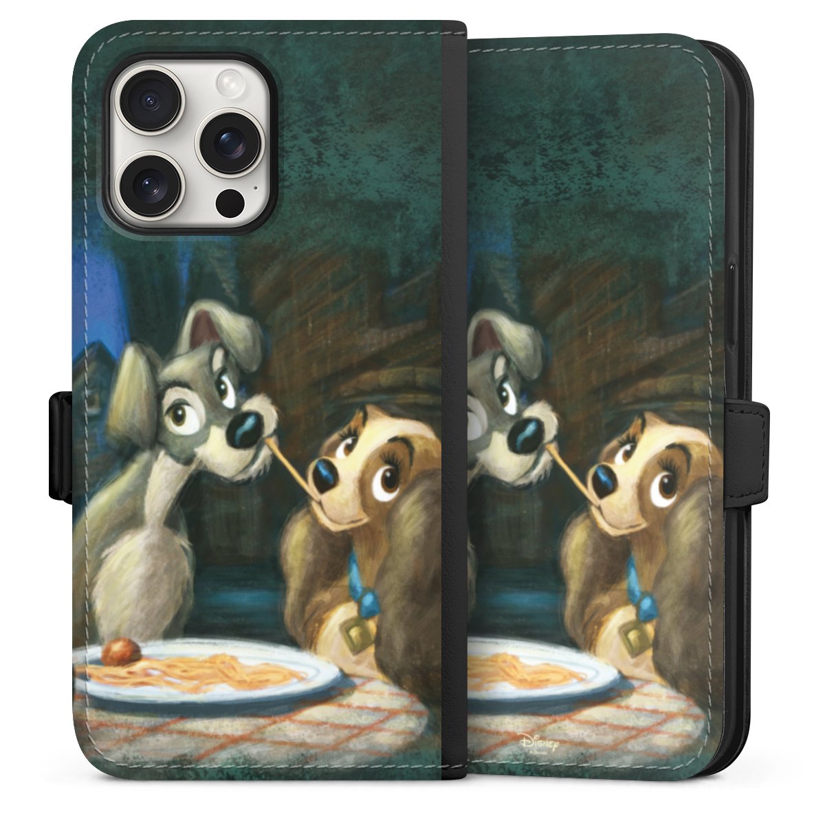 iPhone 15 Pro Max Handy Klapphülle Handyhülle aus Kunst Leder schwarz Flip Case Lady And The Tramp Official Licensed Product Disney Sideflip mit Lasche