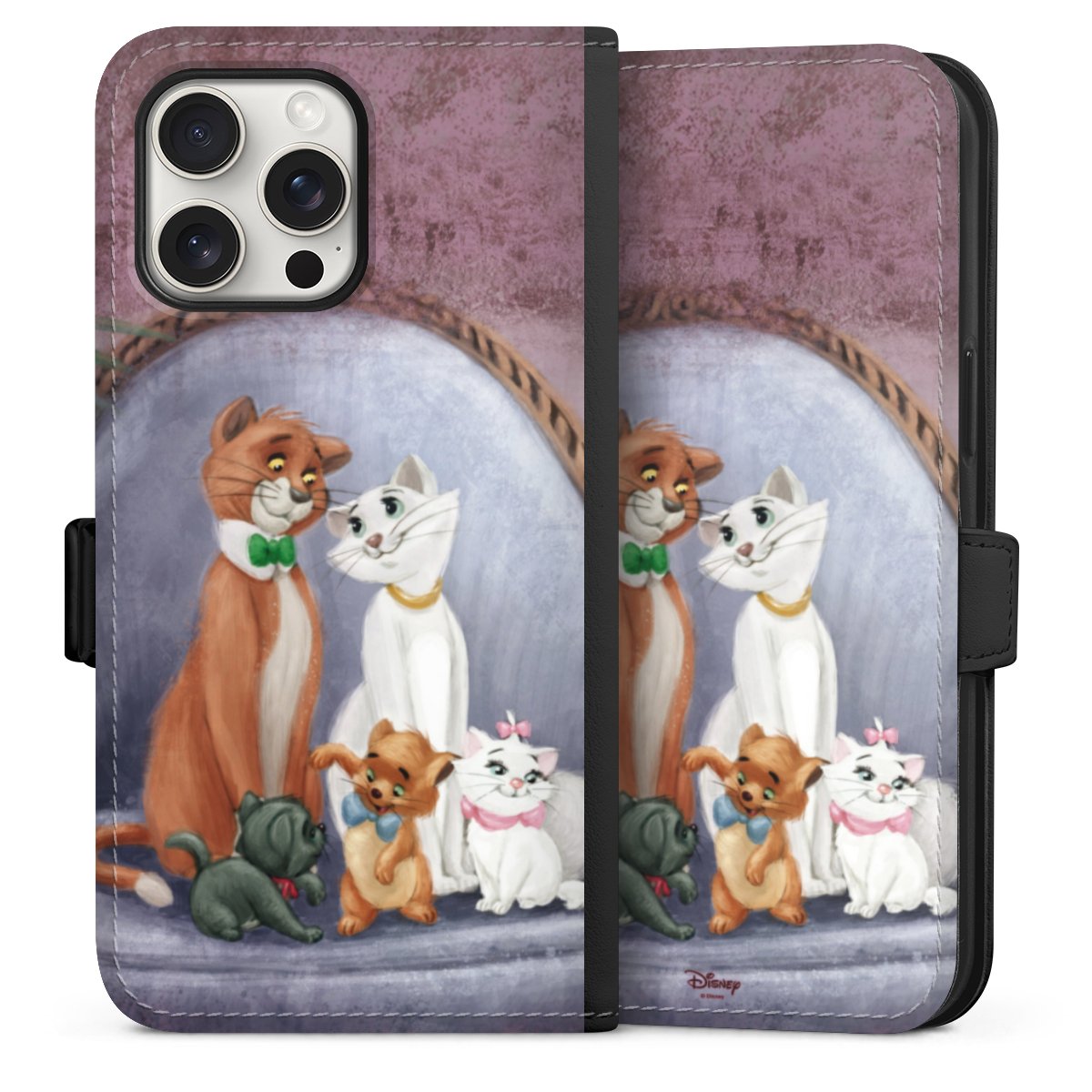 iPhone 15 Pro Max Handy Klapphülle Handyhülle aus Kunst Leder schwarz Flip Case Official Licensed Product Disney Aristocats Sideflip mit Lasche