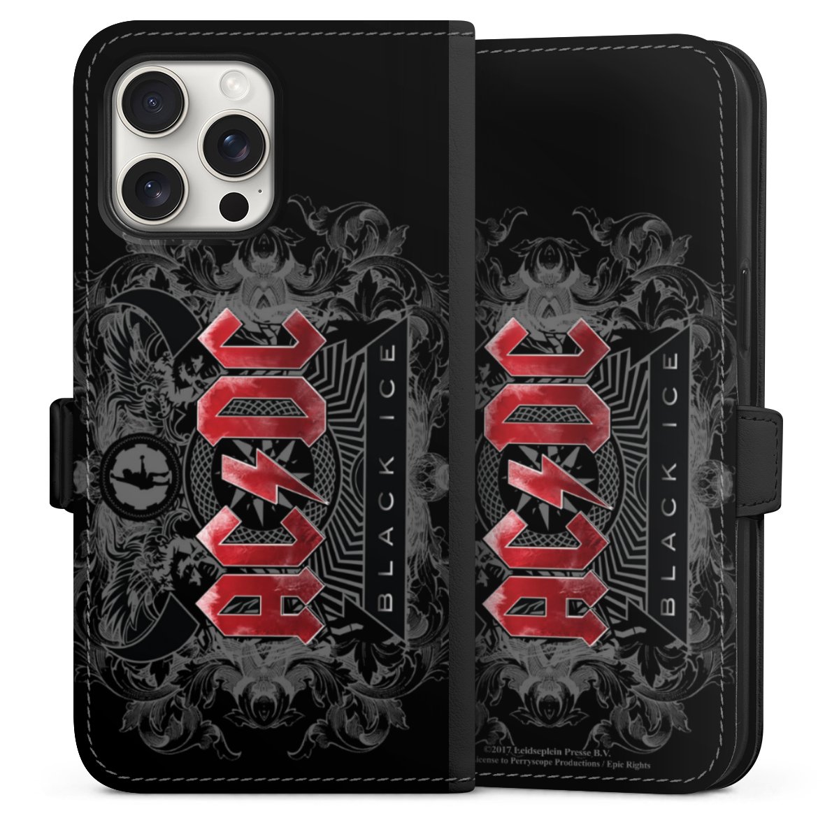 iPhone 15 Pro Max Handy Klapphülle Handyhülle aus Kunst Leder schwarz Flip Case Merchandise Black Ice Acdc Sideflip mit Lasche