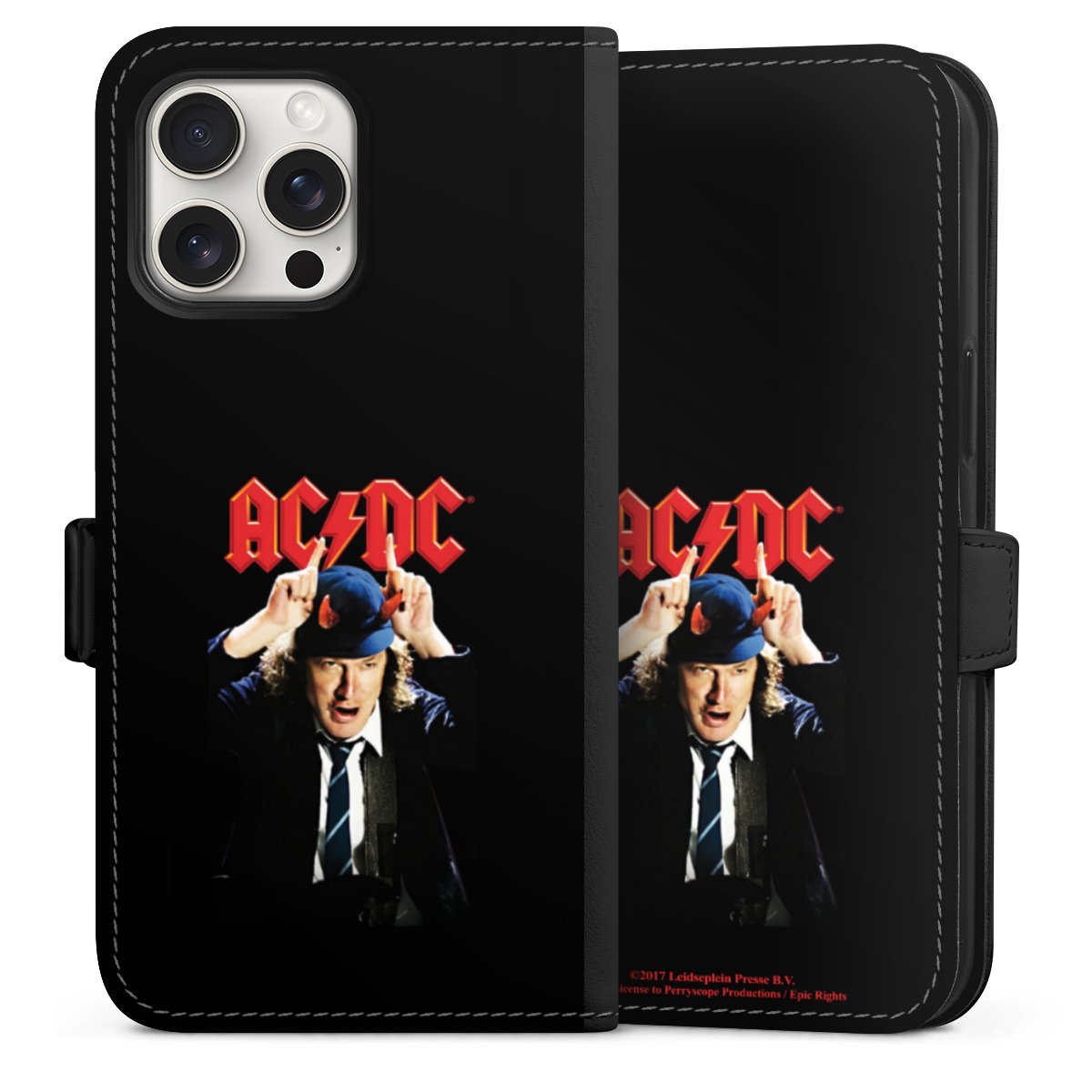 iPhone 15 Pro Max Handy Klapphülle Handyhülle aus Kunst Leder schwarz Flip Case Merchandise Acdc Riverplate Sideflip mit Lasche